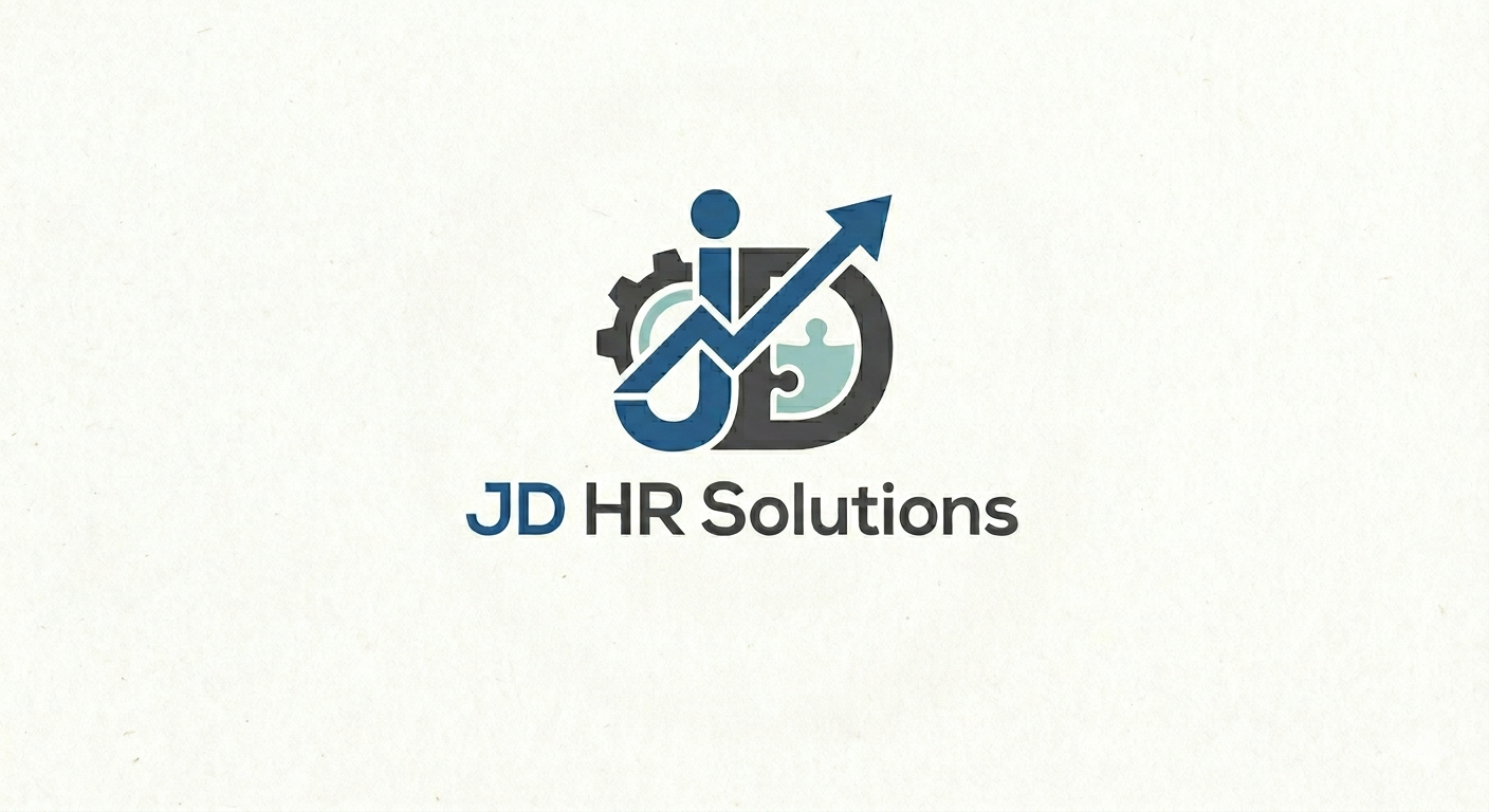 JD HR Solutions logo: blue and charcoal JD monogram with a gear, puzzle piece and upward arrow